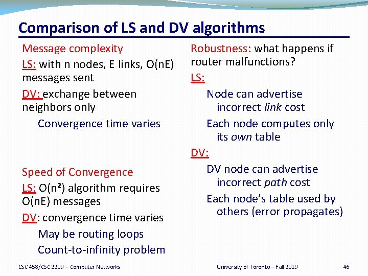Comparison of LS and DV algorithms Message complexity LS: with n nodes, E links,