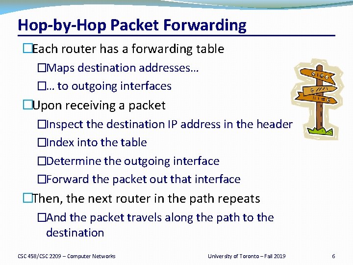Hop by Hop Packet Forwarding �Each router has a forwarding table �Maps destination addresses…