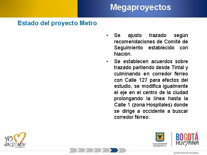 Megaproyectos Estado del proyecto Metro • • Se ajusto trazado según recomendaciones de Comité