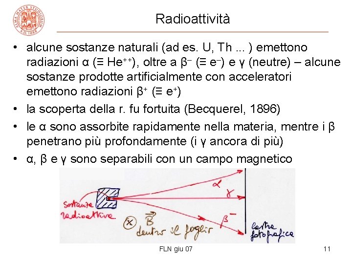 Radioattività • alcune sostanze naturali (ad es. U, Th. . . ) emettono radiazioni