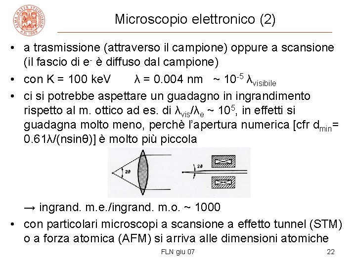 Microscopio elettronico (2) • a trasmissione (attraverso il campione) oppure a scansione (il fascio