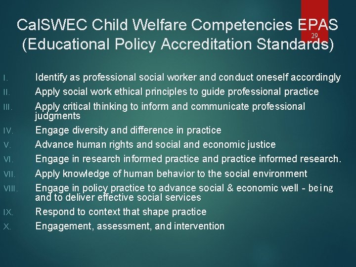 Cal. SWEC Child Welfare Competencies EPAS 29 (Educational Policy Accreditation Standards) I. III. IV.