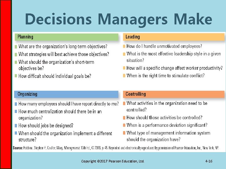 Decisions Managers Make Copyright © 2017 Pearson Education, Ltd. 4 -16 