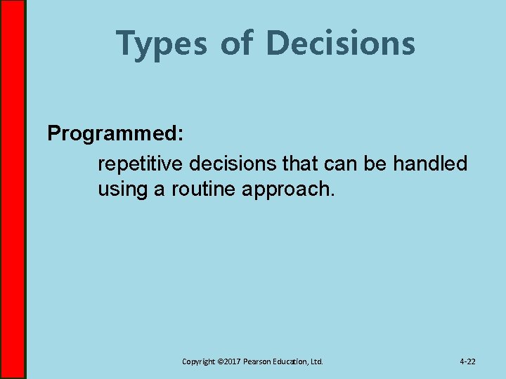 Types of Decisions Programmed: repetitive decisions that can be handled using a routine approach.