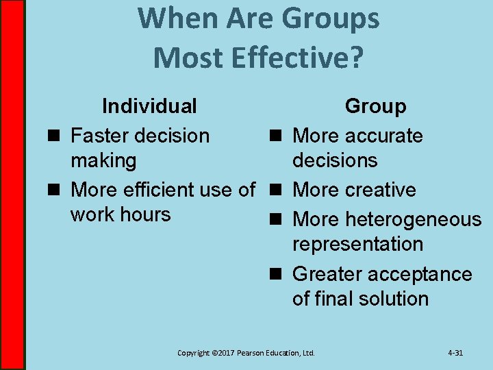 When Are Groups Most Effective? Individual Group n Faster decision n More accurate making