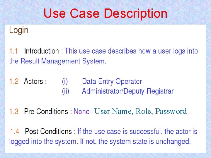 Use Case Description ------- User Name, Role, Password 