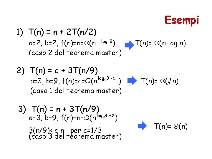 Esempi 1) T(n) = n + 2 T(n/2) a=2, b=2, f(n)=n= (n log 22)