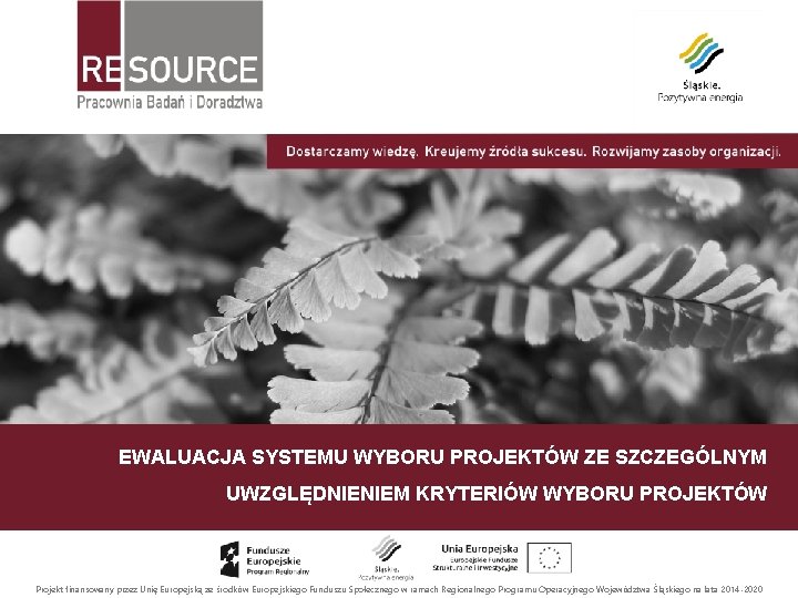 EWALUACJA SYSTEMU WYBORU PROJEKTÓW ZE SZCZEGÓLNYM UWZGLĘDNIENIEM KRYTERIÓW WYBORU PROJEKTÓW Projekt finansowany przez Unię