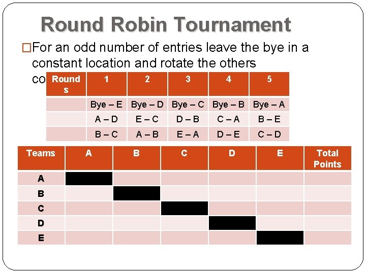 Round Robin Tournament �For an odd number of entries leave the bye in a