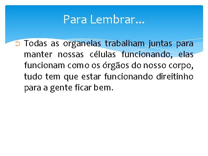 Para Lembrar. . . ➲ Todas as organelas trabalham juntas para manter nossas células