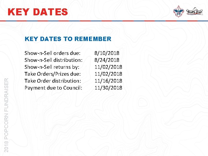 KEY DATES 2018 POPCORN FUNDRAISER KEY DATES TO REMEMBER Show-n-Sell orders due: Show-n-Sell distribution: