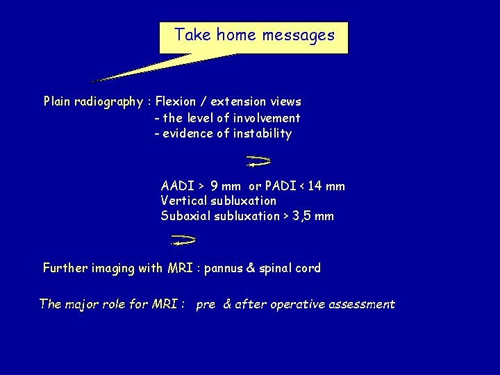 Take home messages Plain radiography : Flexion / extension views - the level of