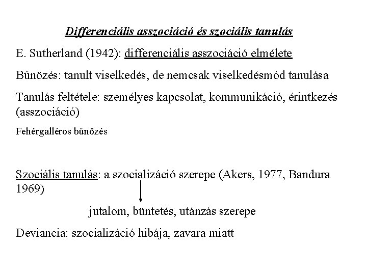 Differenciális asszociáció és szociális tanulás E. Sutherland (1942): differenciális asszociáció elmélete Bűnözés: tanult viselkedés,