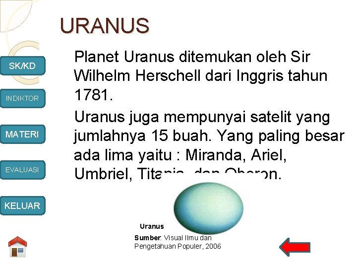 URANUS SK/KD INDIKTOR MATERI EVALUASI Planet Uranus ditemukan oleh Sir Wilhelm Herschell dari Inggris
