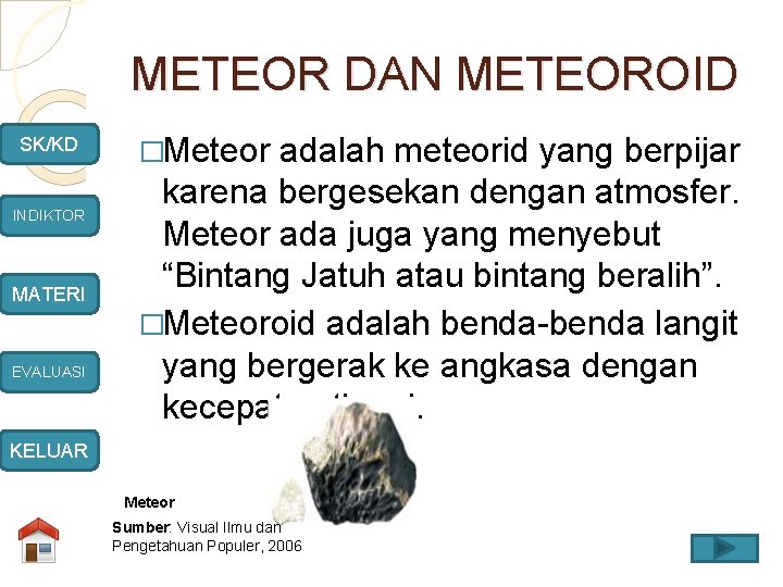 METEOR DAN METEOROID SK/KD INDIKTOR MATERI EVALUASI �Meteor adalah meteorid yang berpijar karena bergesekan