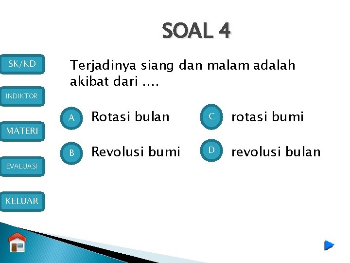 SOAL 4 SK/KD INDIKTOR MATERI EVALUASI KELUAR Terjadinya siang dan malam adalah akibat dari