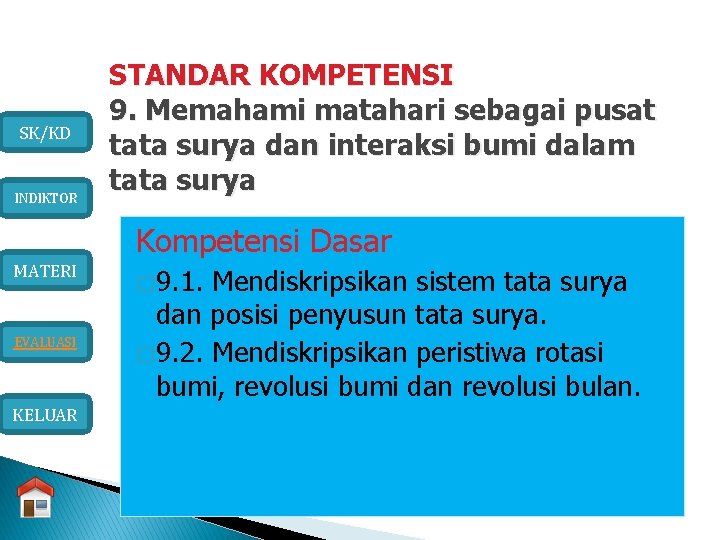 SK/KD INDIKTOR STANDAR KOMPETENSI 9. Memahami matahari sebagai pusat tata surya dan interaksi bumi