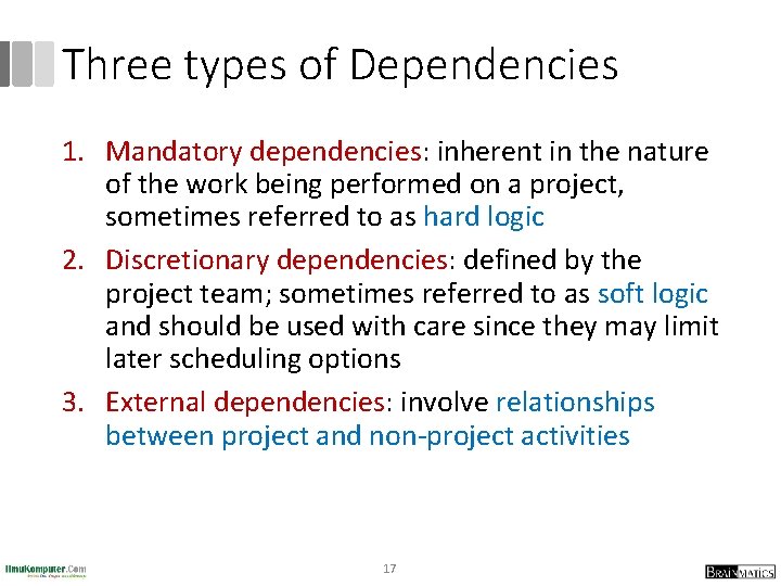 Three types of Dependencies 1. Mandatory dependencies: inherent in the nature of the work