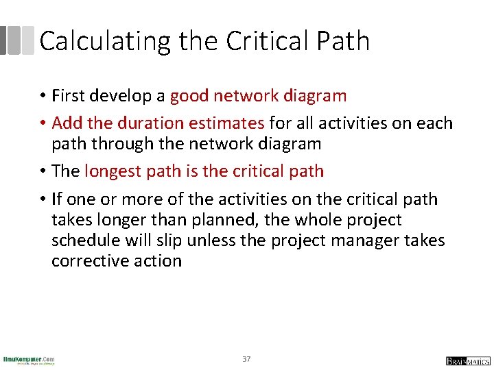 Calculating the Critical Path • First develop a good network diagram • Add the