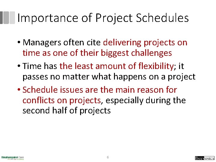 Importance of Project Schedules • Managers often cite delivering projects on time as one