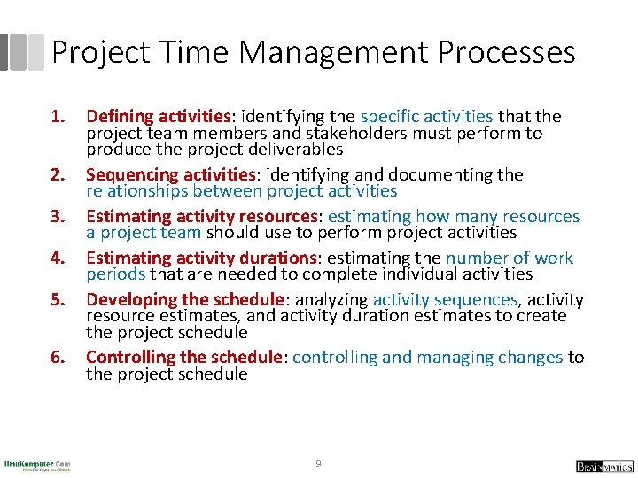 Project Time Management Processes 1. 2. 3. 4. 5. 6. Defining activities: identifying the