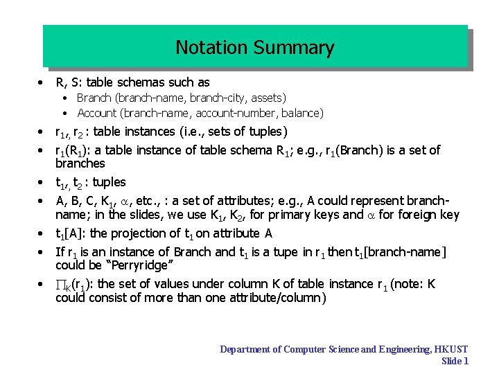 Notation Summary • R, S: table schemas such as • Branch (branch-name, branch-city, assets)