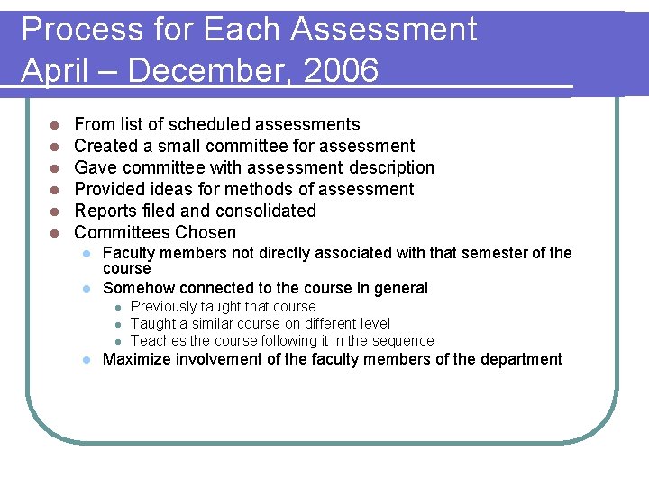Process for Each Assessment April – December, 2006 l l l From list of Process for Each Assessment April – December, 2006 l l l From list of