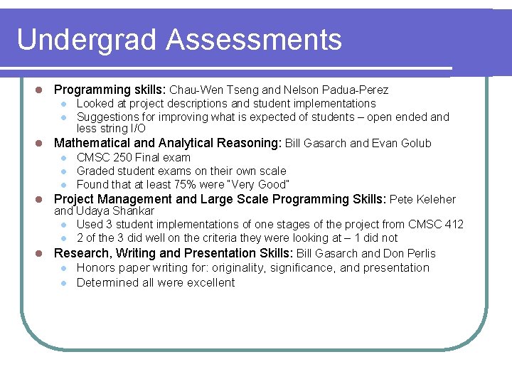 Undergrad Assessments l Programming skills: Chau-Wen Tseng and Nelson Padua-Perez Looked at project descriptions Undergrad Assessments l Programming skills: Chau-Wen Tseng and Nelson Padua-Perez Looked at project descriptions
