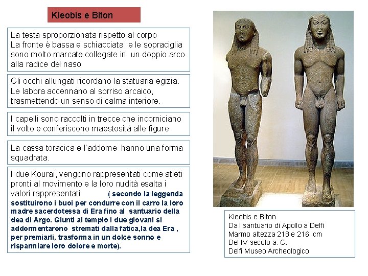Kleobis e Biton La testa sproporzionata rispetto al corpo La fronte è bassa e