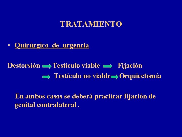 TRATAMIENTO • Quirúrgico de urgencia Destorsión Testículo viable Fijación Testículo no viable Orquiectomía En