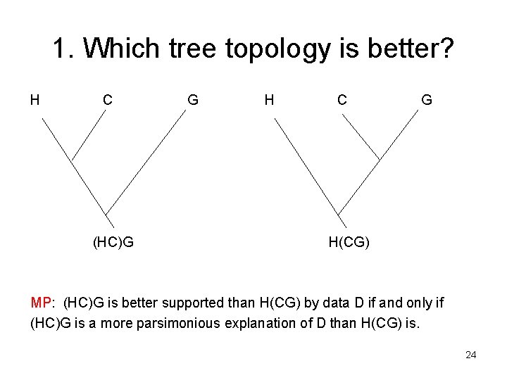 1. Which tree topology is better? H C (HC)G G H C G H(CG)