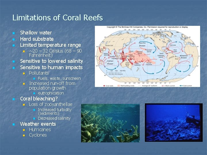 Limitations of Coral Reefs n n n Shallow water Hard substrate Limited temperature range