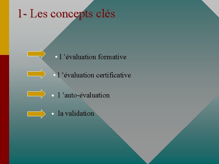 1 - Les concepts clés • l ’évaluation formative • l ’évaluation certificative •