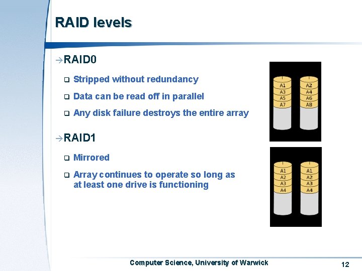 RAID levels àRAID 0 q Stripped without redundancy q Data can be read off
