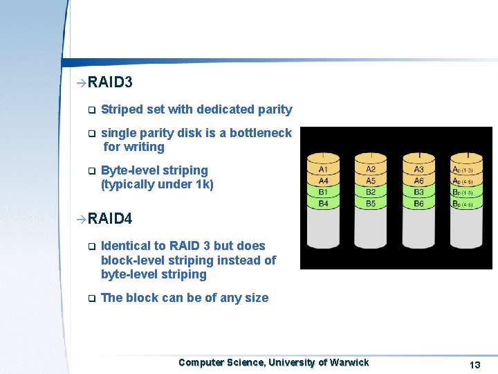 àRAID 3 q Striped set with dedicated parity q single parity disk is a