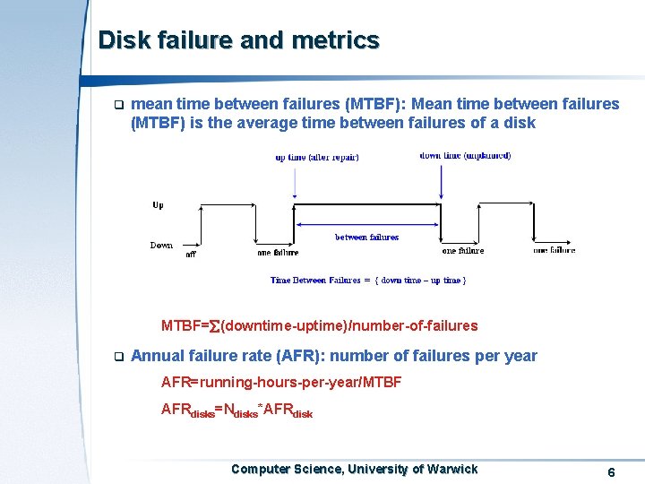 Disk failure and metrics q mean time between failures (MTBF): Mean time between failures