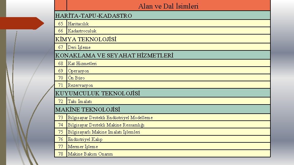 Alan ve Dal İsimleri HARİTA-TAPU-KADASTRO 65 Haritacılık 66 Kadastroculuk KİMYA TEKNOLOJİSİ 67 Deri İşleme