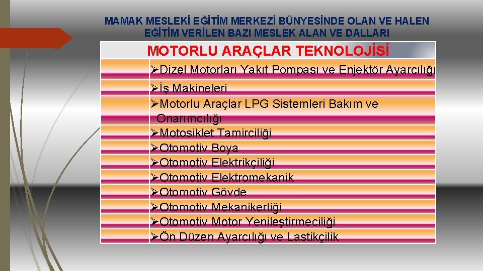 MAMAK MESLEKİ EĞİTİM MERKEZİ BÜNYESİNDE OLAN VE HALEN EĞİTİM VERİLEN BAZI MESLEK ALAN VE