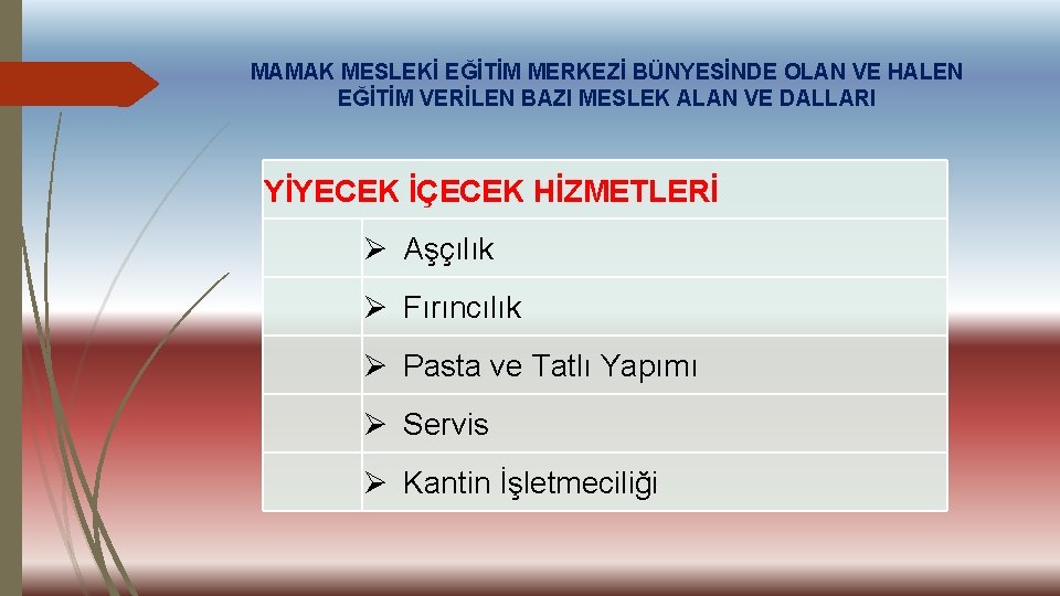 MAMAK MESLEKİ EĞİTİM MERKEZİ BÜNYESİNDE OLAN VE HALEN EĞİTİM VERİLEN BAZI MESLEK ALAN VE