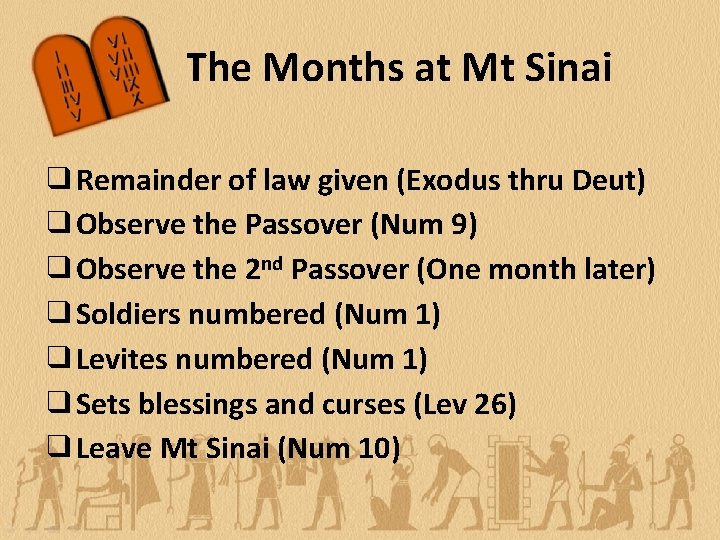 The Months at Mt Sinai ❑Remainder of law given (Exodus thru Deut) ❑Observe the