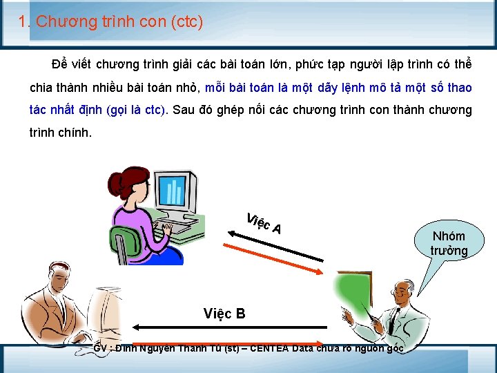 1. Chương trình con (ctc) Để viết chương trình giải các bài toán lớn,