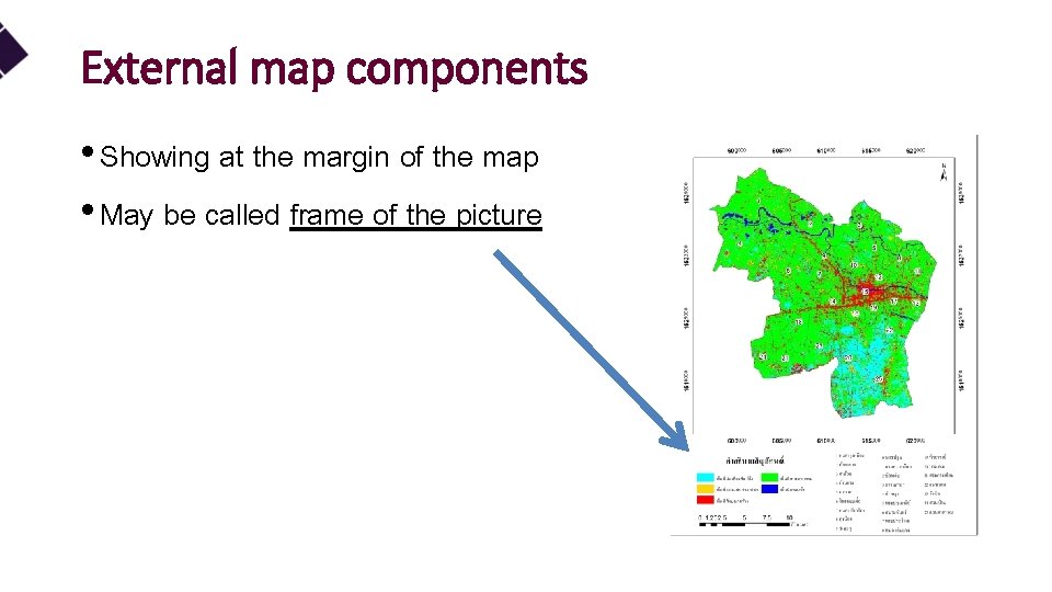 External map components • Showing at the margin of the map • May be