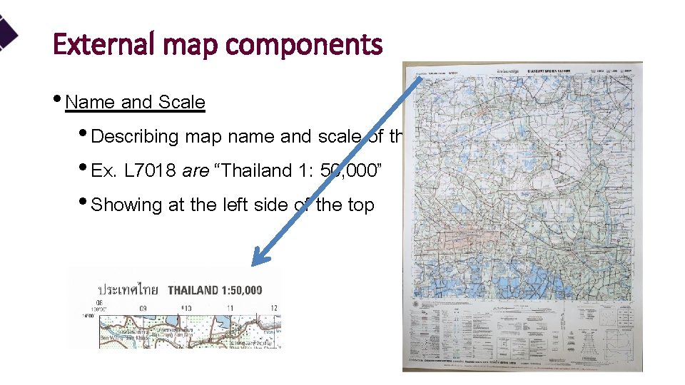 External map components • Name and Scale • Describing map name and scale of