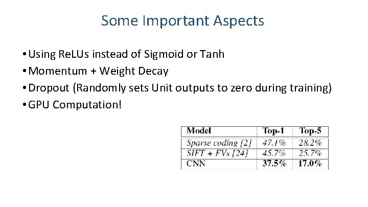 Some Important Aspects • Using Re. LUs instead of Sigmoid or Tanh • Momentum