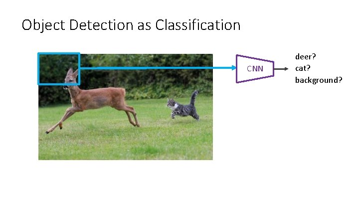 Object Detection as Classification CNN deer? cat? background? 