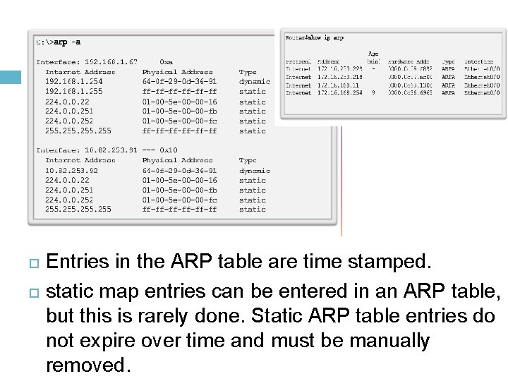  Entries in the ARP table are time stamped. static map entries can be