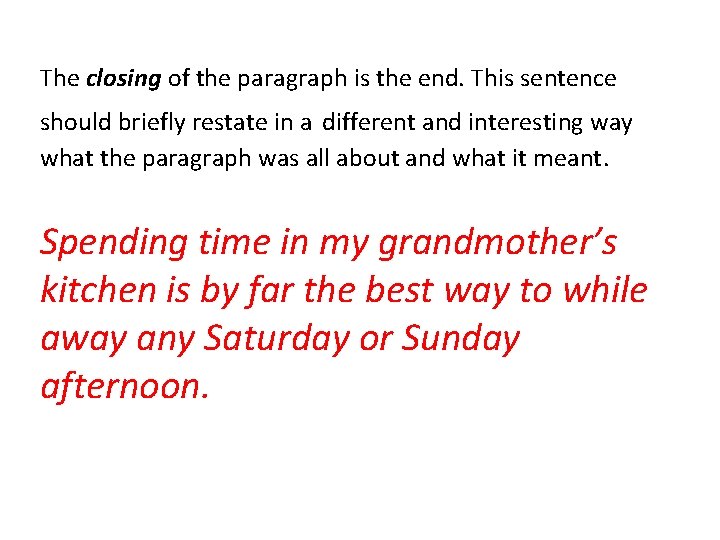 The closing of the paragraph is the end. This sentence should briefly restate in