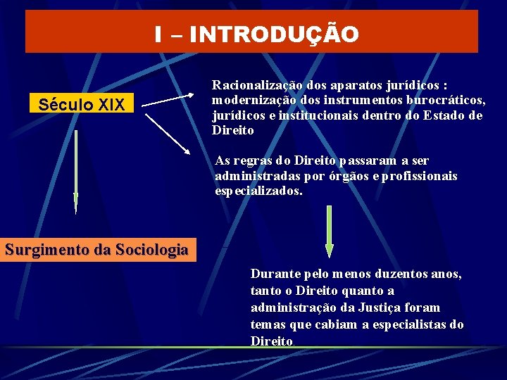 I – INTRODUÇÃO Século XIX Racionalização dos aparatos jurídicos : modernização dos instrumentos burocráticos,