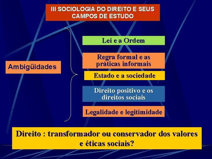 III SOCIOLOGIA DO DIREITO E SEUS CAMPOS DE ESTUDO Lei e a Ordem Ambigüidades