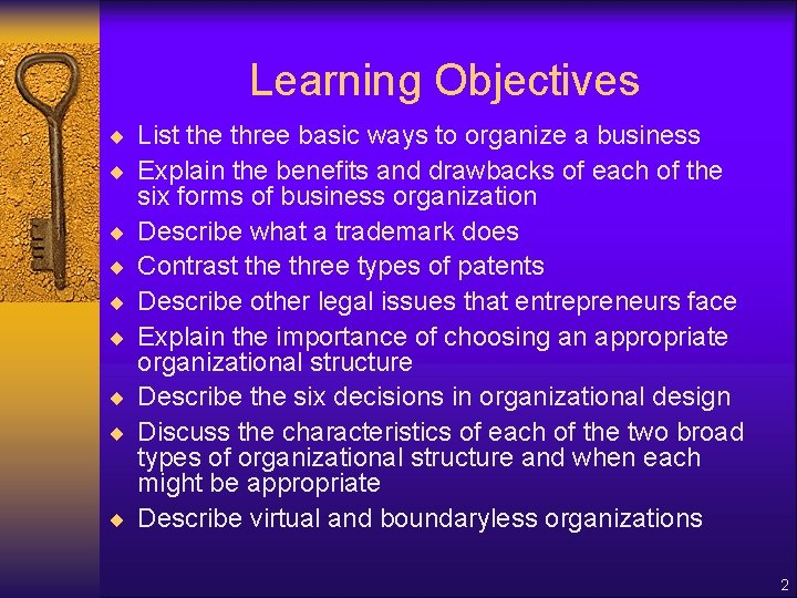 Business Co Op Learning Objectives Examples Organizing the Venture Learning Objectives List the three